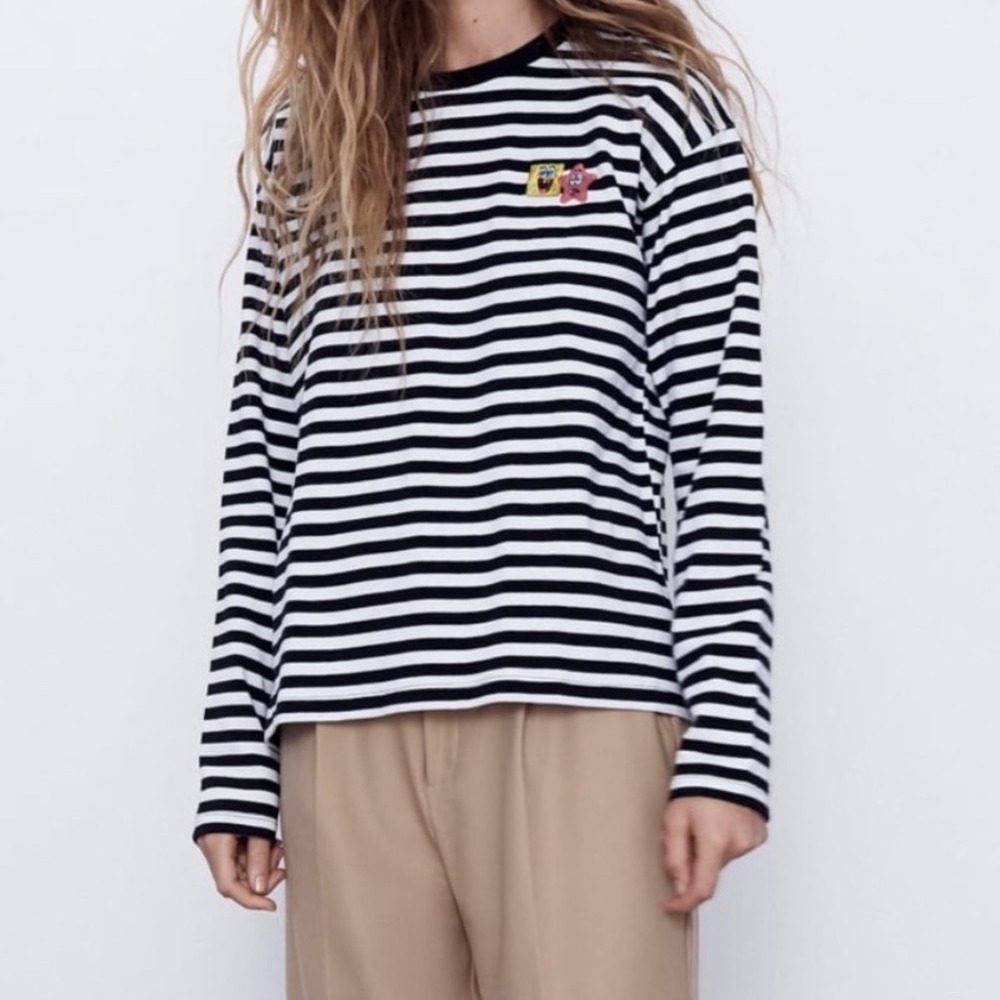Zara Spongebob Patrick Striped Long Sleeve Shirt Black White Medium